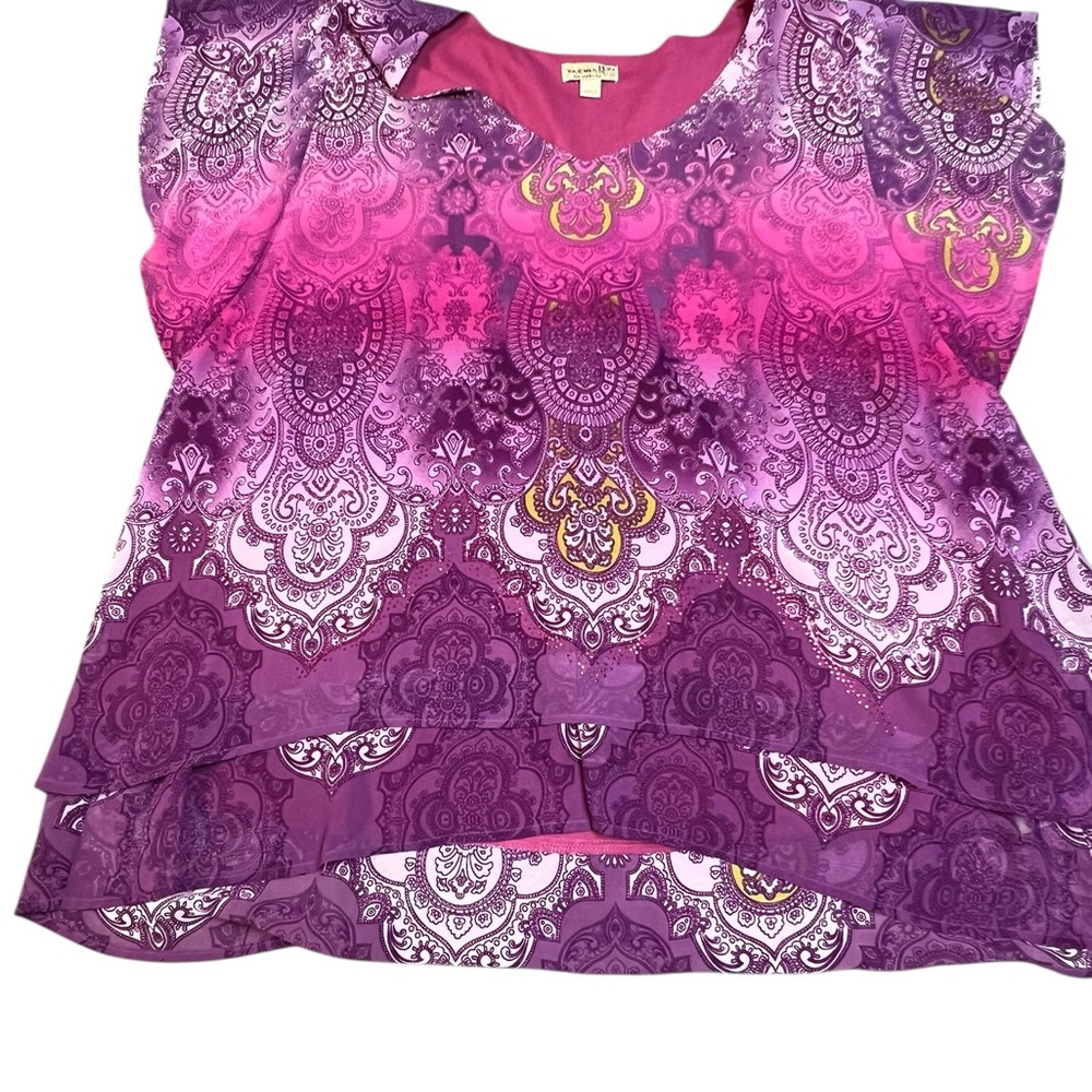 One World Women’s Purple Paisley Layered Tunic Size 2X Plus Boho Flowy Blouse